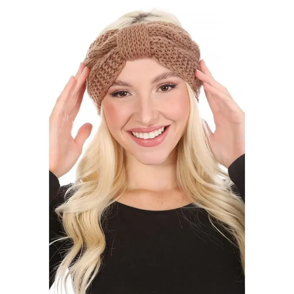 Pink Knitted Bow Ear Warmer Stretchy Winter Headband